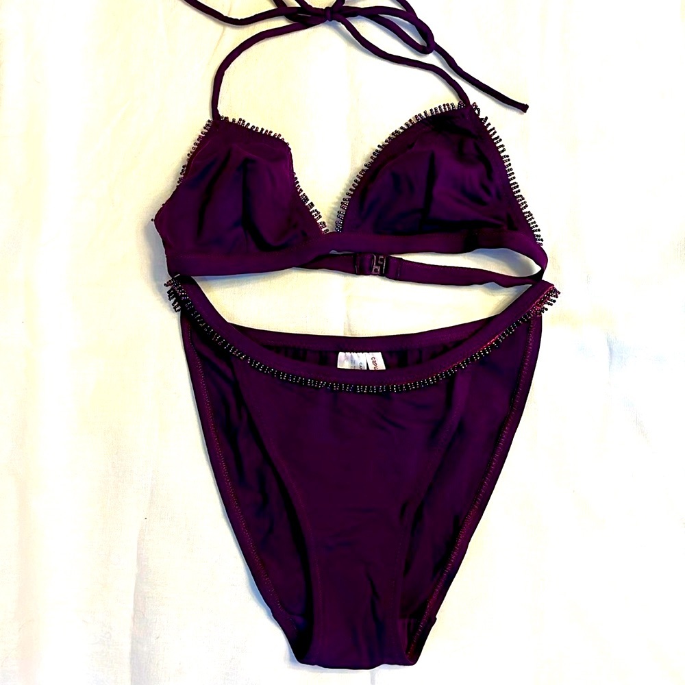 Vintage Capucine Puerari bikini in eggplant with beaded fringe